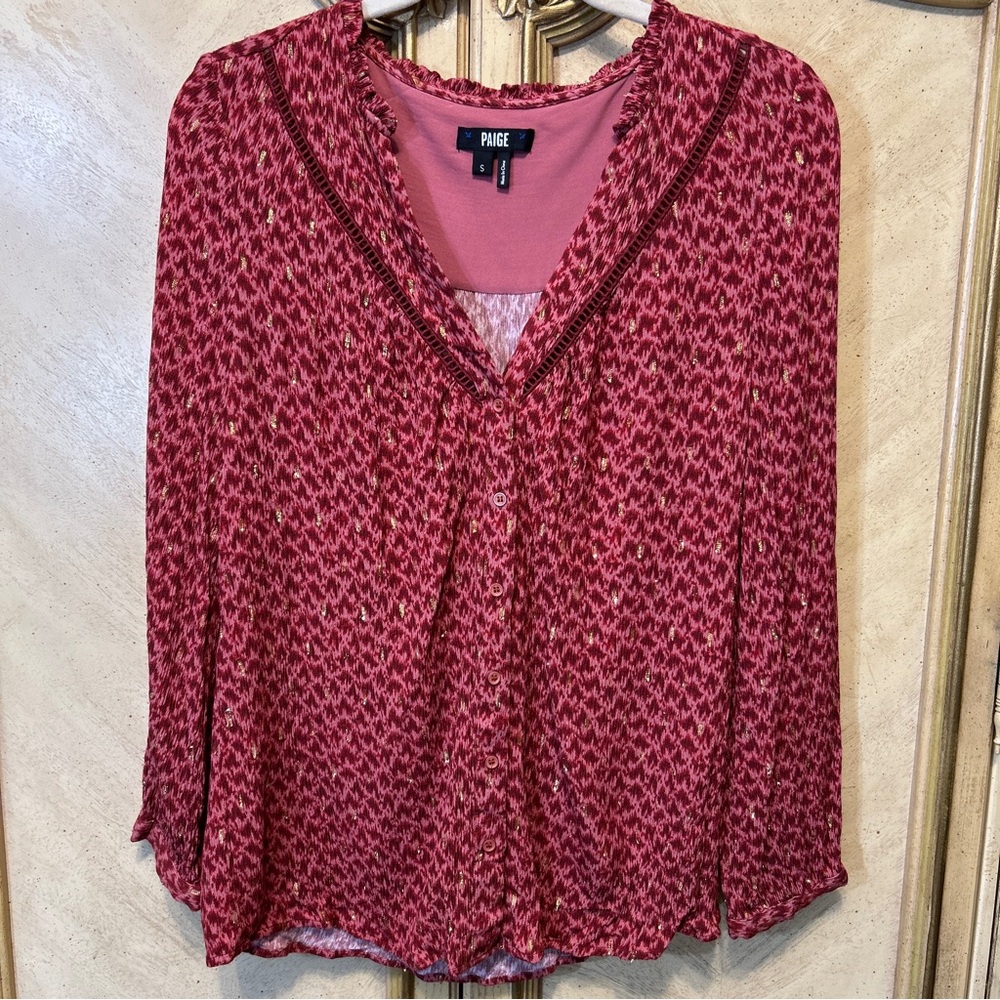 Paige Doris Papaya Multi Red Gold Metallic Top Blouse